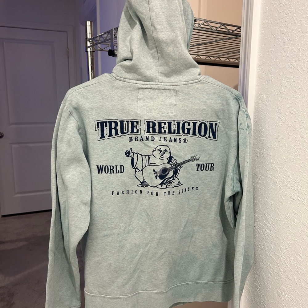 True Religion Zip-Up Hoodie – World Tour Graphic – Light Blue – Flawed